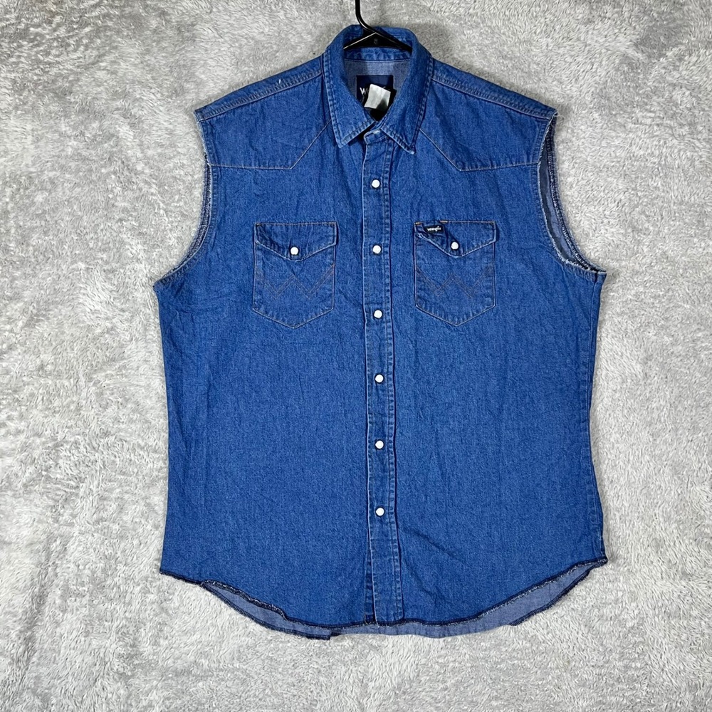 Wrangler Mens Sleeveless Denim Western Pearl Snap Shirt Indigo Blue XL 1485